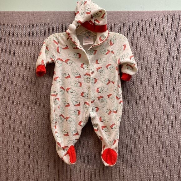 Vintage newborn Christmas holiday print two piece footsie pajamas with hat - Picture 1 of 6